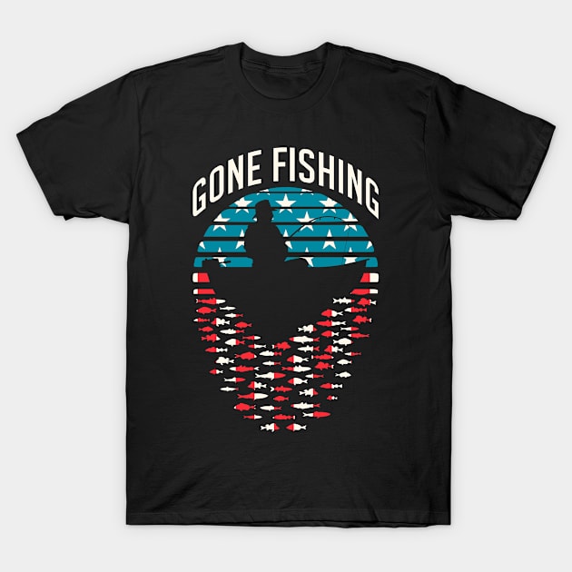 Gone Fishing Retro Sunset Funny Fisherman Dad USA Flag T-Shirt by Grandeduc